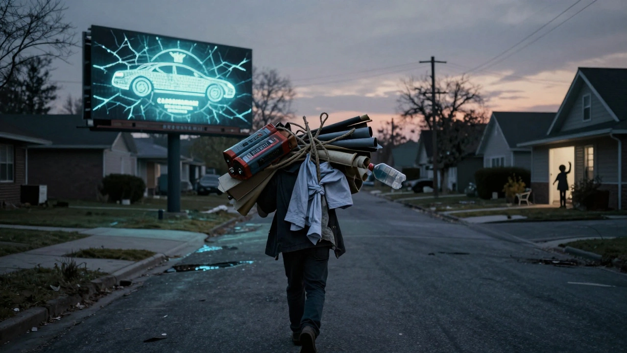A lone figure walks through a ruined suburb carrying scavenged items, leaving behind faded luxury signs toward a distant doorway.