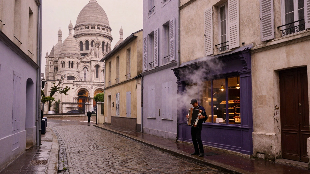 A street accordionist plays at dawn in Montmartre, rain-slicked cobblestones and warm bakery light creating quiet magic.