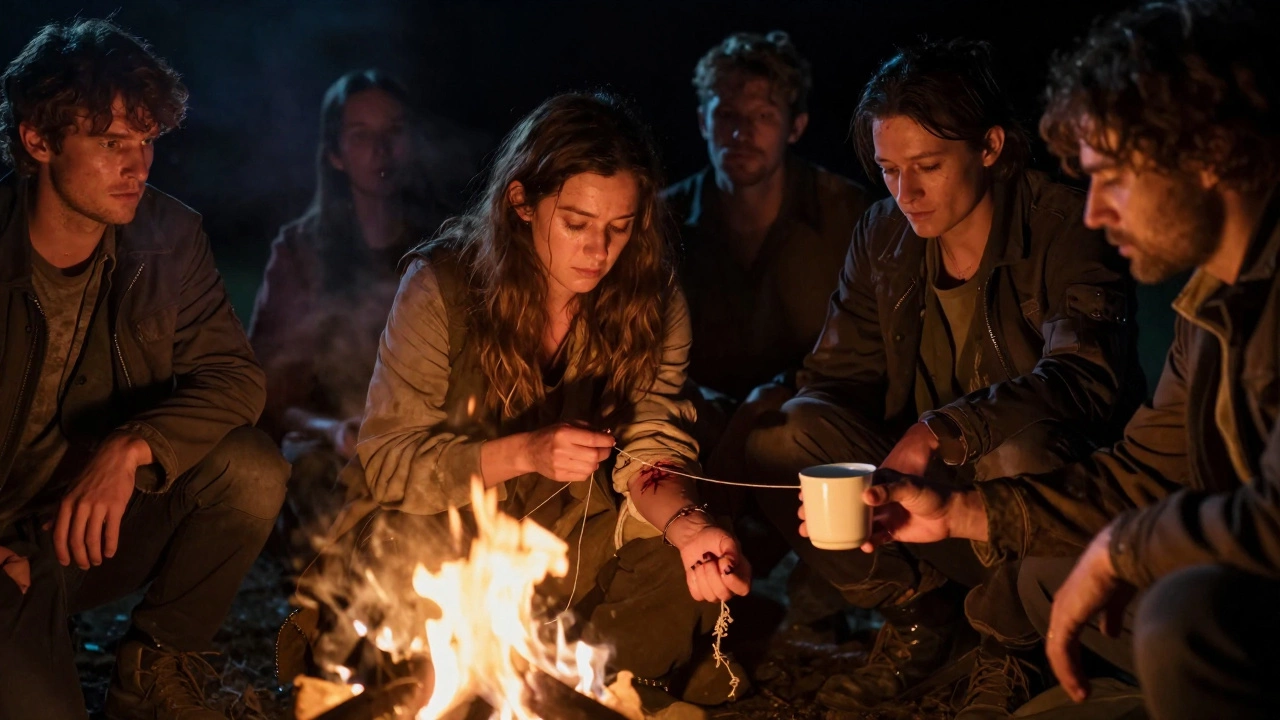 Survivors gathered around a fire at night, one tending to a wound while another offers water in silent solidarity.