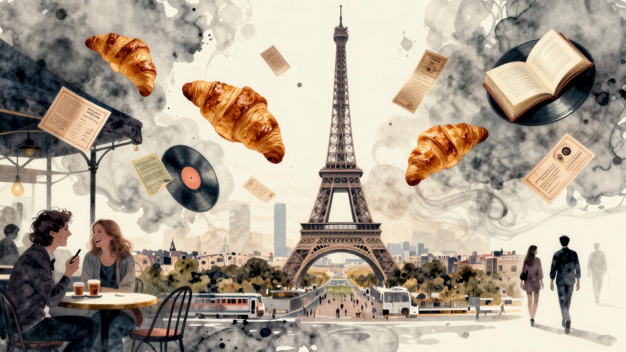Watercolor-style Paris skyline formed from cultural symbols like croissants, books, and train tickets, representing authentic experience.